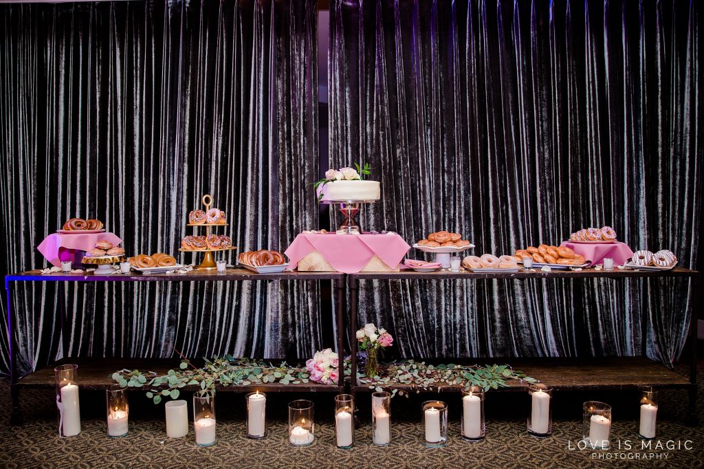 reception decor, cake, doughnuts
