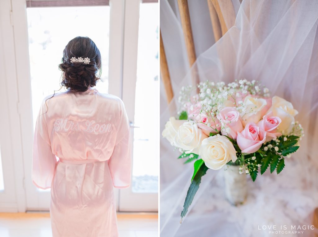 bride getting ready, brides robe, florals, bouquet