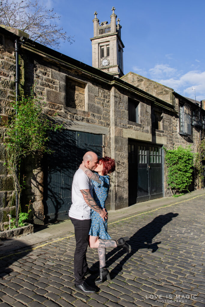 Circus Lane engagement photos with St Stephen's steeple in the background